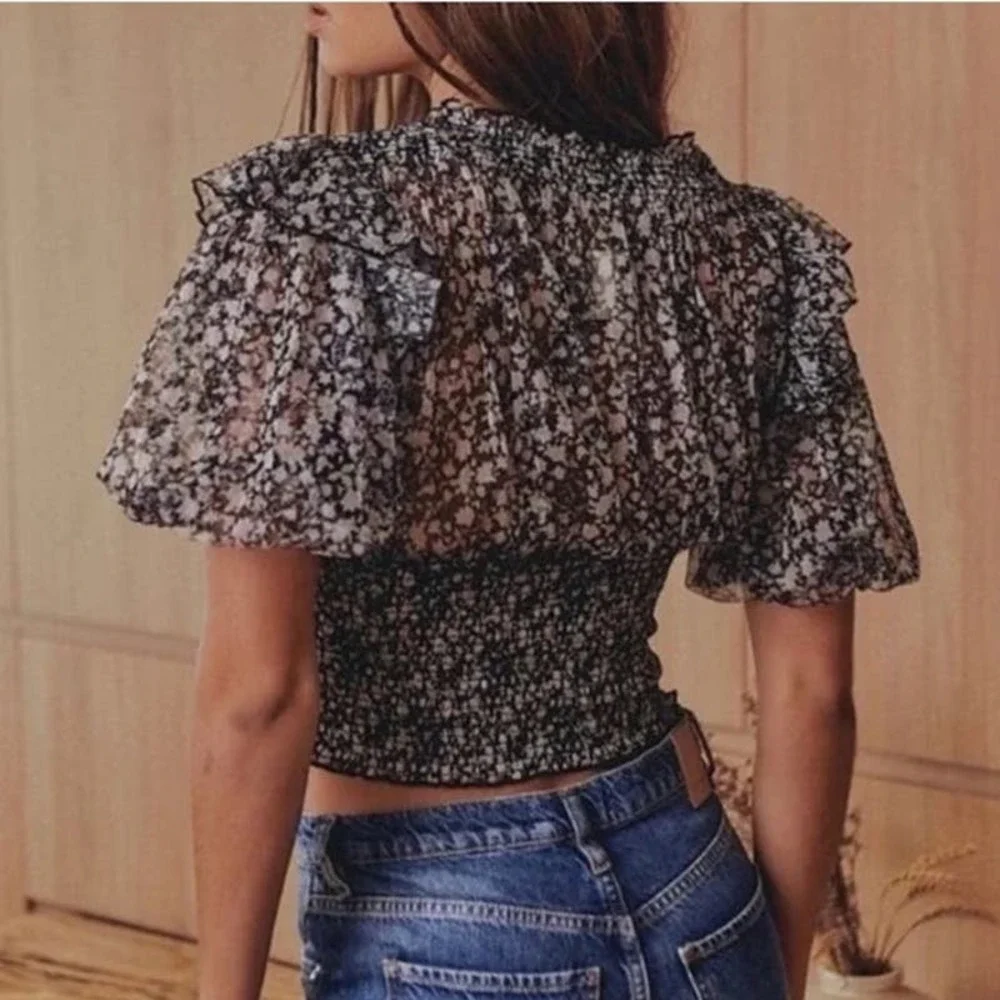 Free People Beatrice Tie Front Smocked Puff Sleeve Boho Top